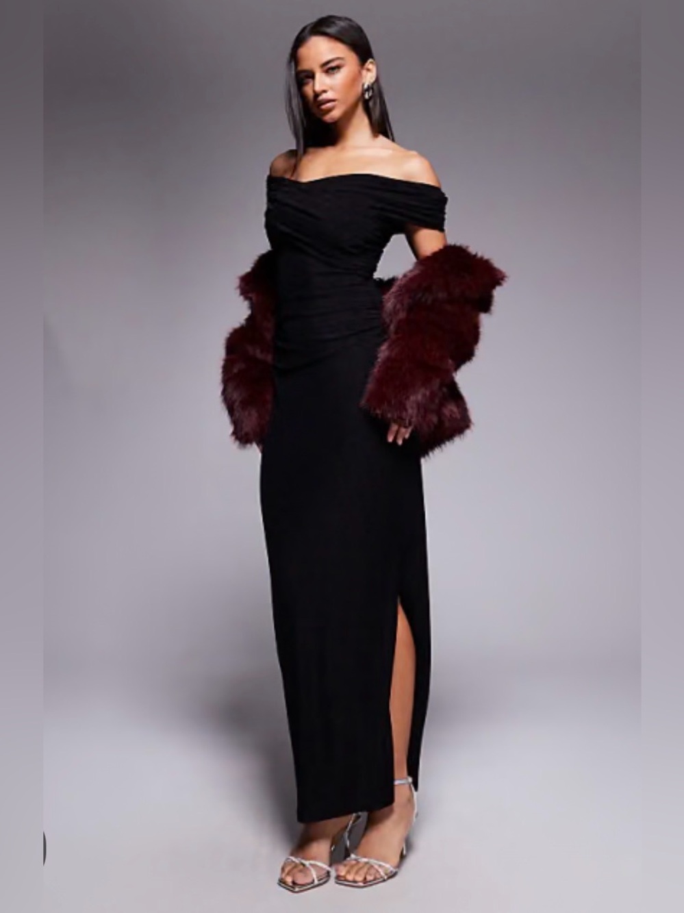 Ever New Black Glitter Mesh Off Shoulder Ruched Maxi Dress US 10